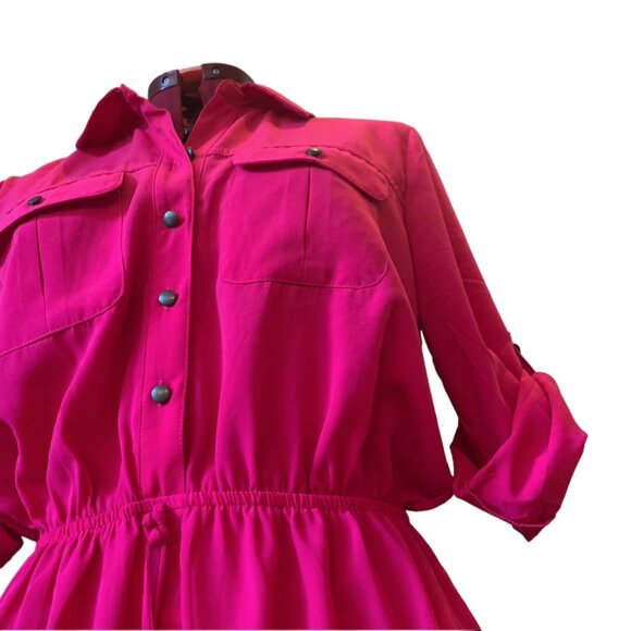 BEBOP - Pink Roll Up Sleeve Duo Pocket Safari Belted Collared Shirt Dress - Picture 7 of 14